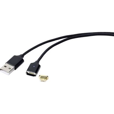 Renkforce USB cable USB 2.0 USB-A plug, USB Micro-B plug 1.00 m Black magnetic electrical connector, gold plated connect