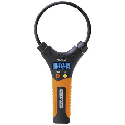 Digital clamp meter with display showing '0.00 A'. Black measurement cable on top, orange-black casing.