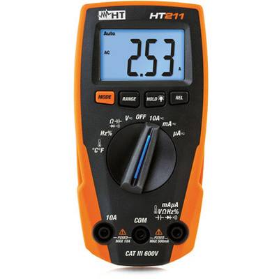 A digital multimeter with a blue display is showing a reading of 2.53 in AC mode. Rotary dial set to V scale. Device model: HT211.