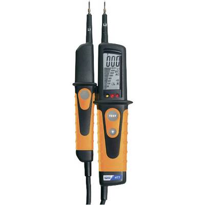 Electrical voltage tester with digital display showing '600 V', black and orange design, with L1 and L2 test probes.