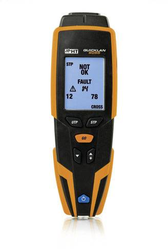 Cable tester with blue display showing 'NOT OK', 'FAULT', numerical values '12' and '78'. Control buttons at the bottom, black housing with orange border.