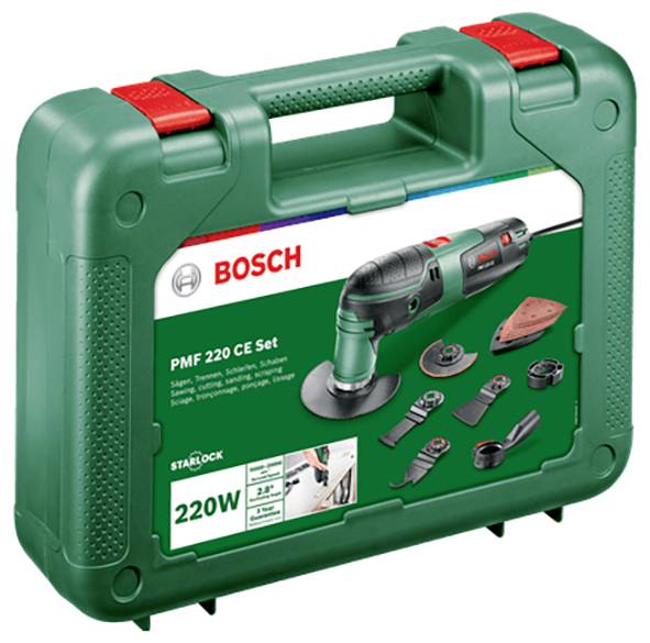 Green Bosch carrying case for the PMF 220 CE Set oscillating multi-tool, showing 220W and included accessories.