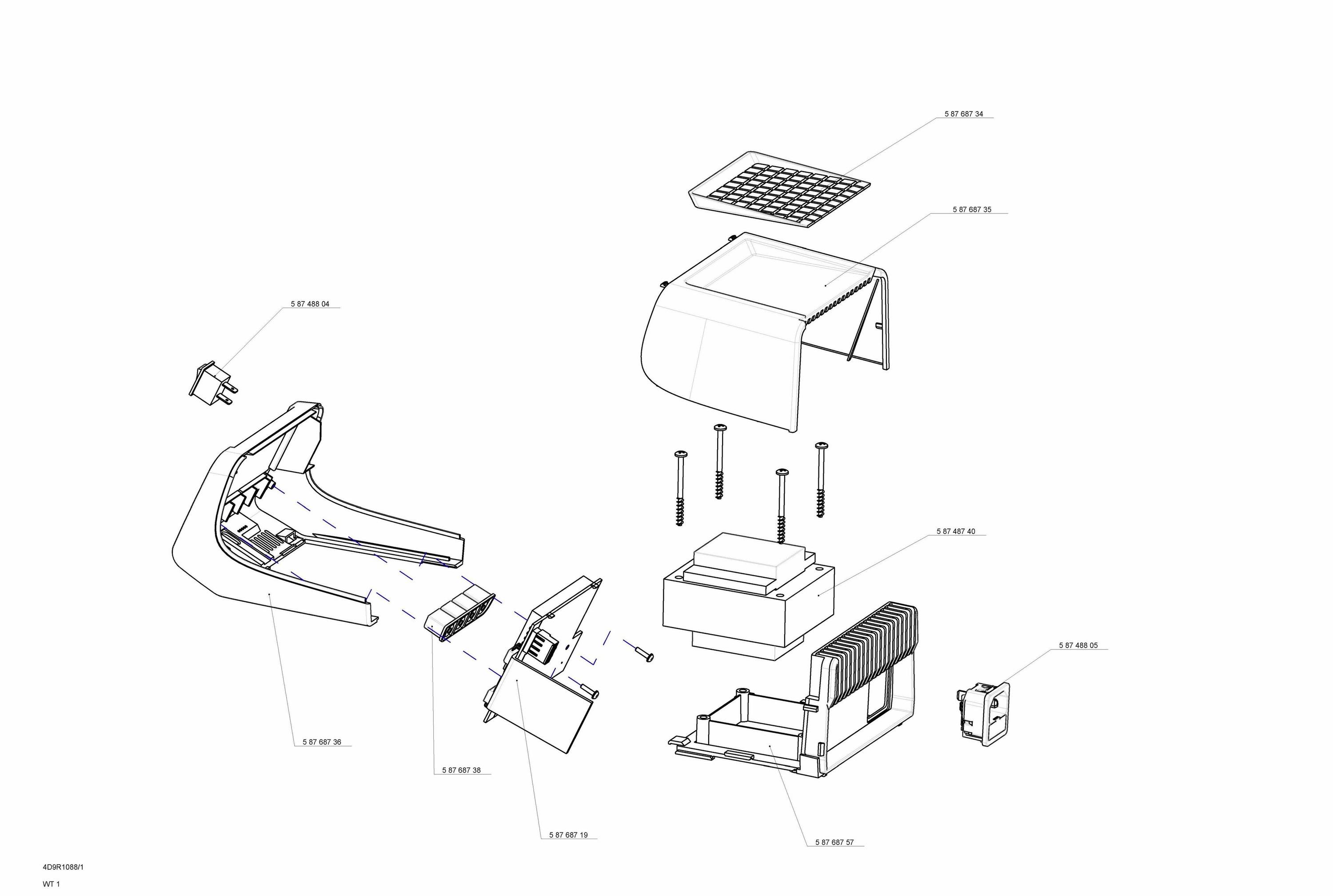 Exploded diagram of a device with multiple components shown individually, including screws, covers, and a grid.