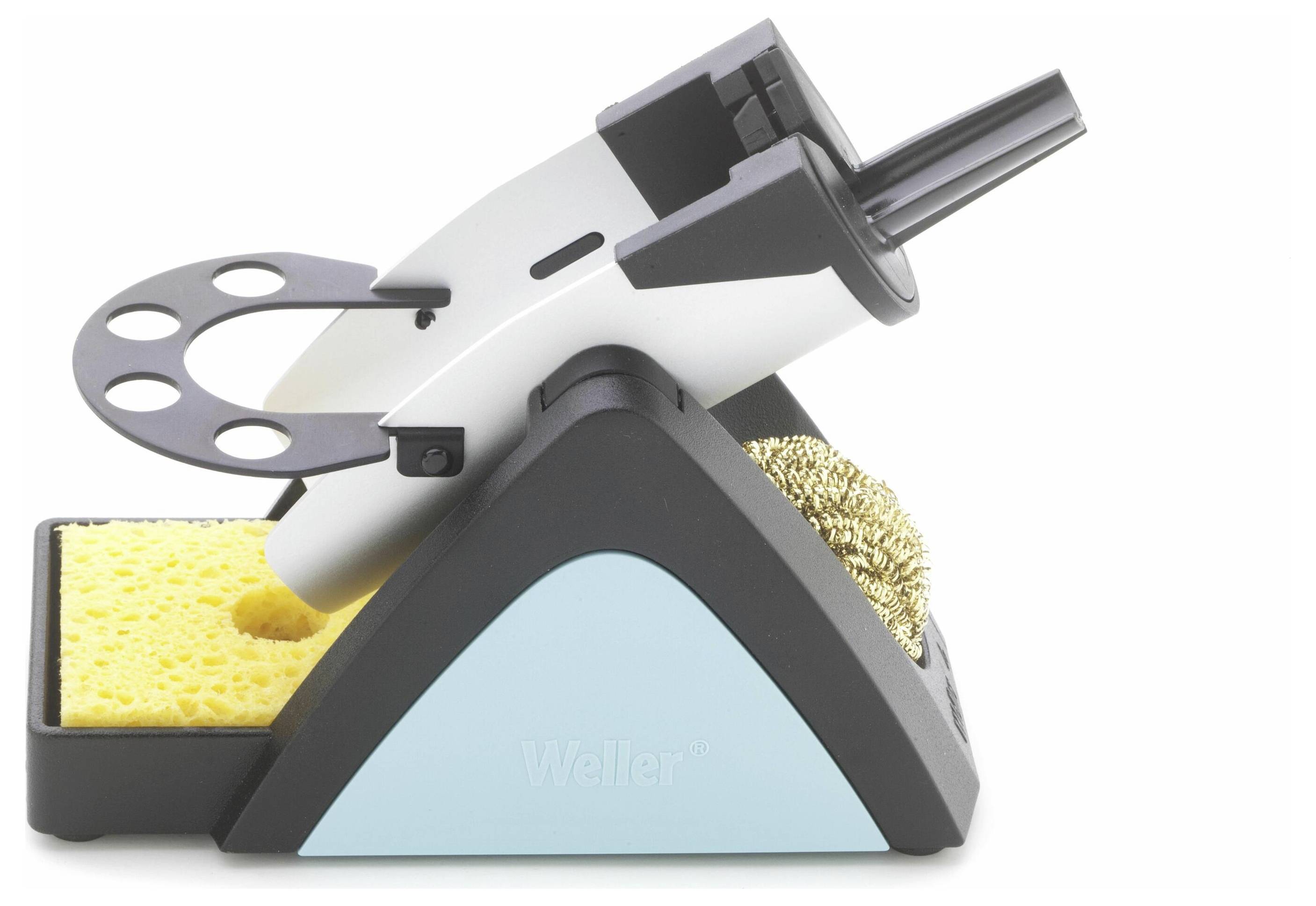A soldering iron stand with a sponge and metal spiral for cleaning soldering tips. The device is angled for easy access.