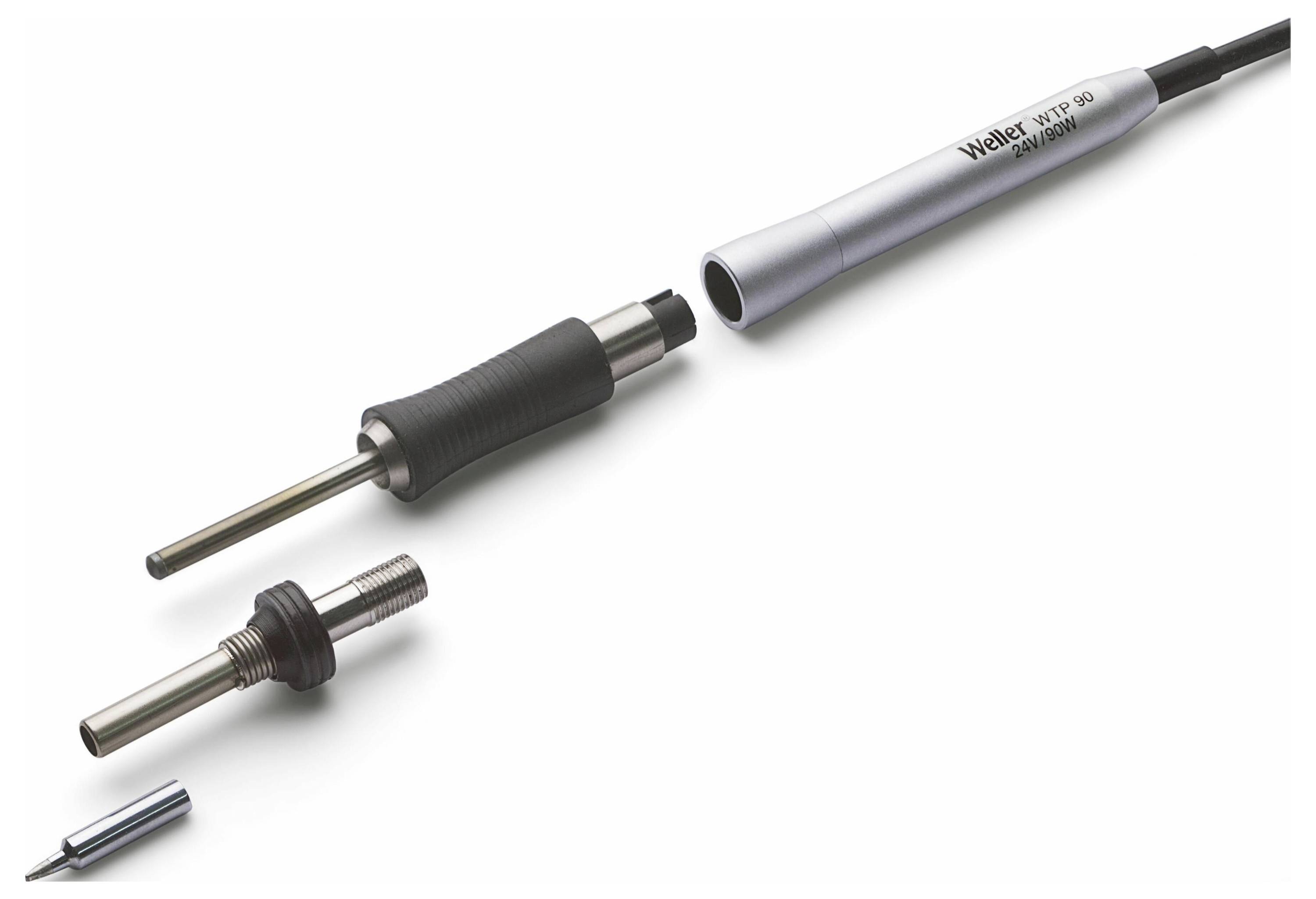 Soldering iron in individual components, consisting of handle, shaft and tip, on a light background. Suitable for precision soldering work.