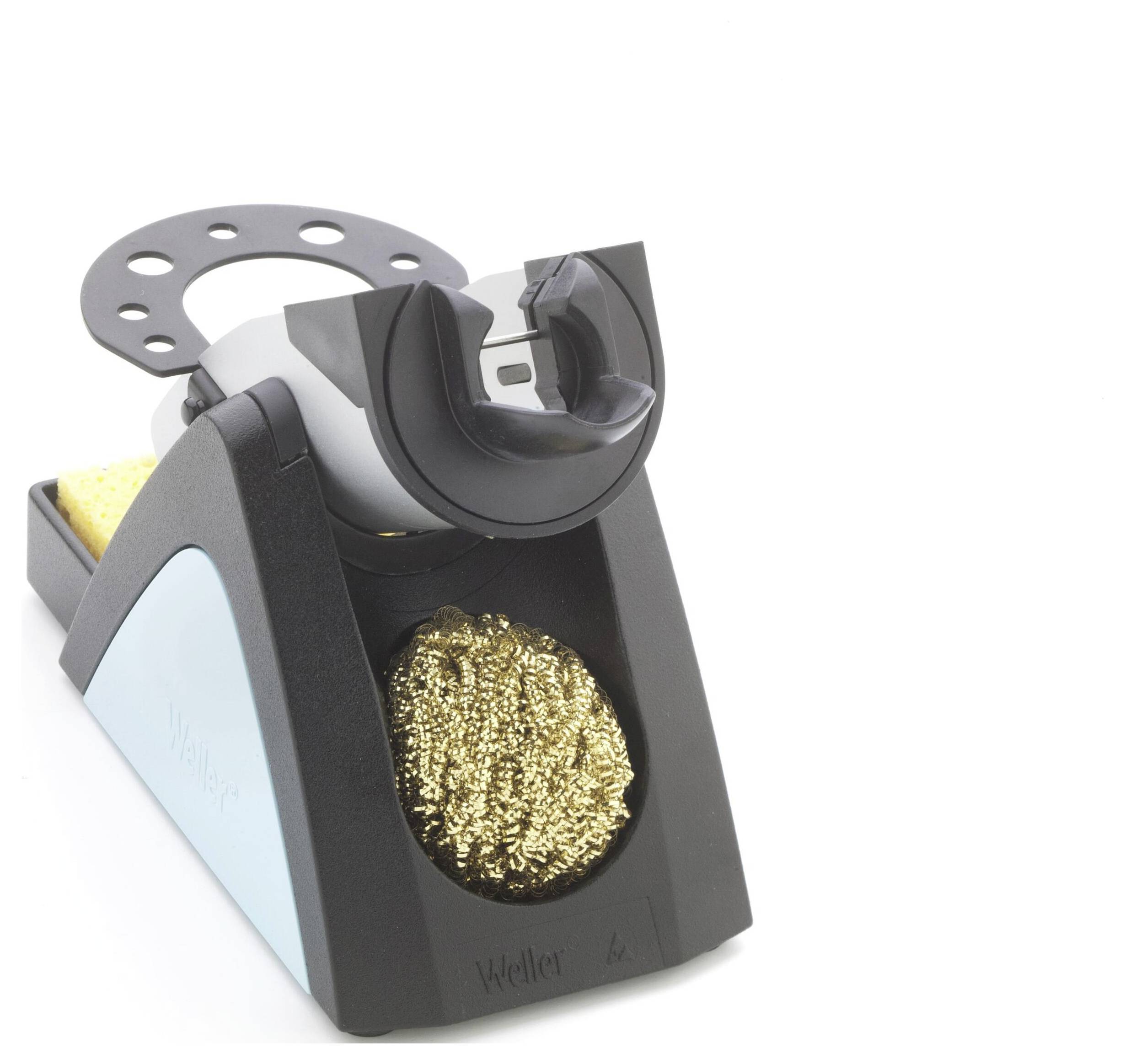 Soldering iron stand with a blue base, a circular holder on top, and a compartment with brass wool for cleaning soldering iron tips.