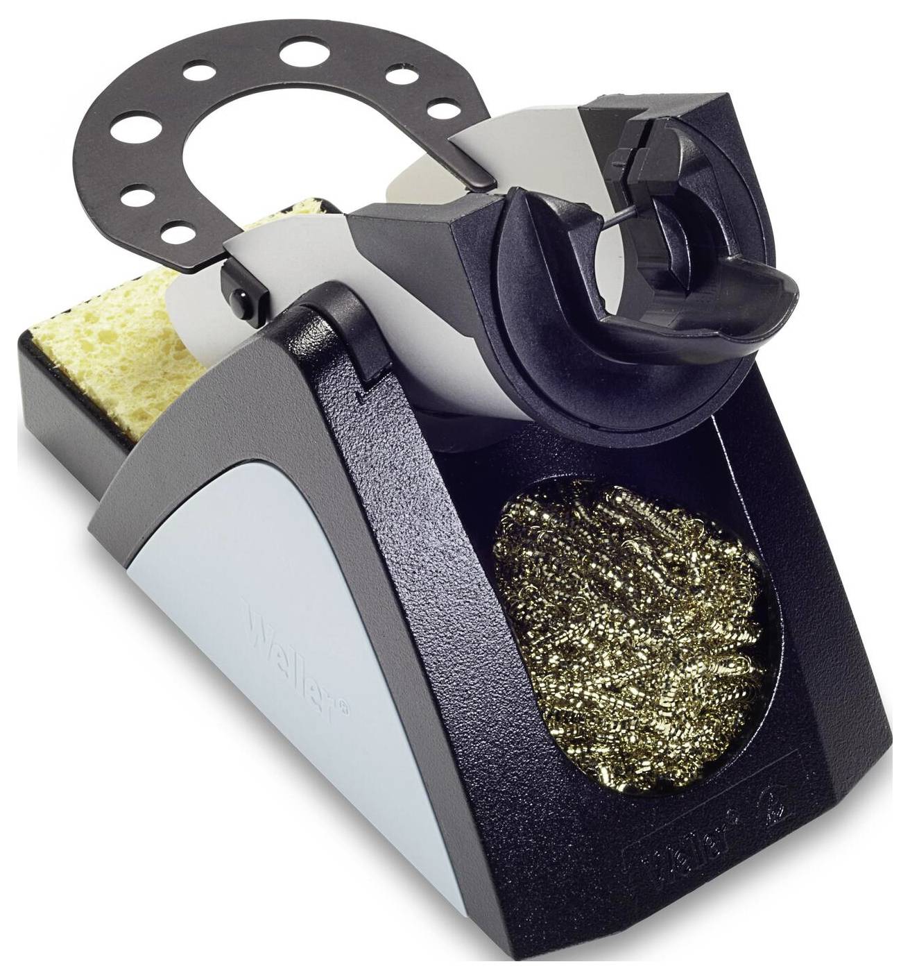 Soldering iron holder with sponge and wire cleaner for cleaning tips.