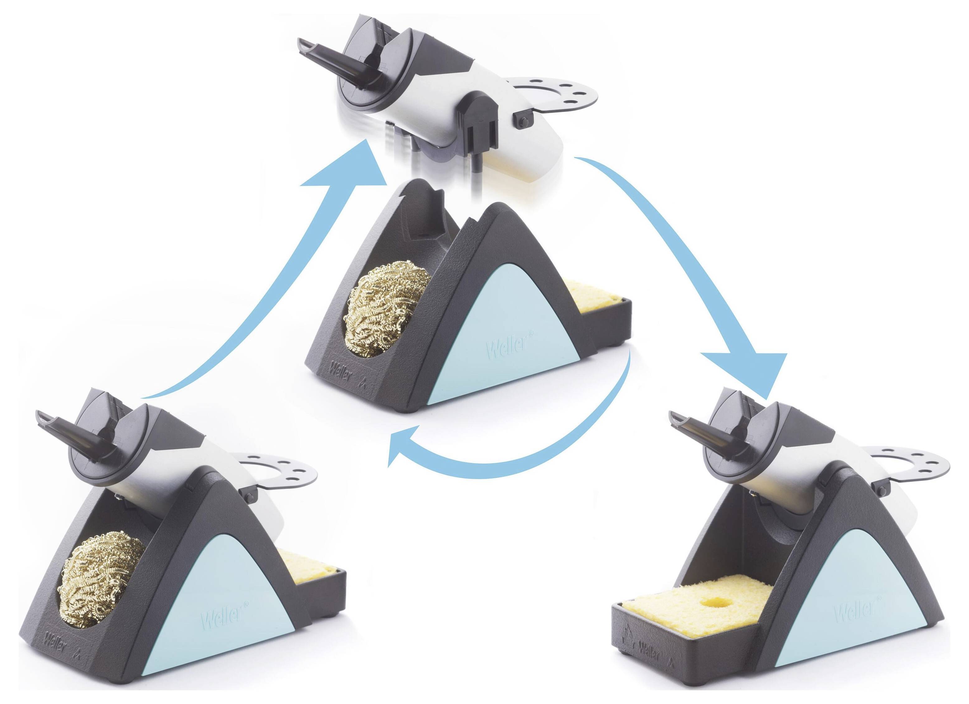 'Weller' branded soldering iron rest with adjustable angles. Includes brass sponge and sponge pad for cleaning. Three positions illustrated.
