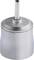 A silver, metallic oil can with a narrow spout.