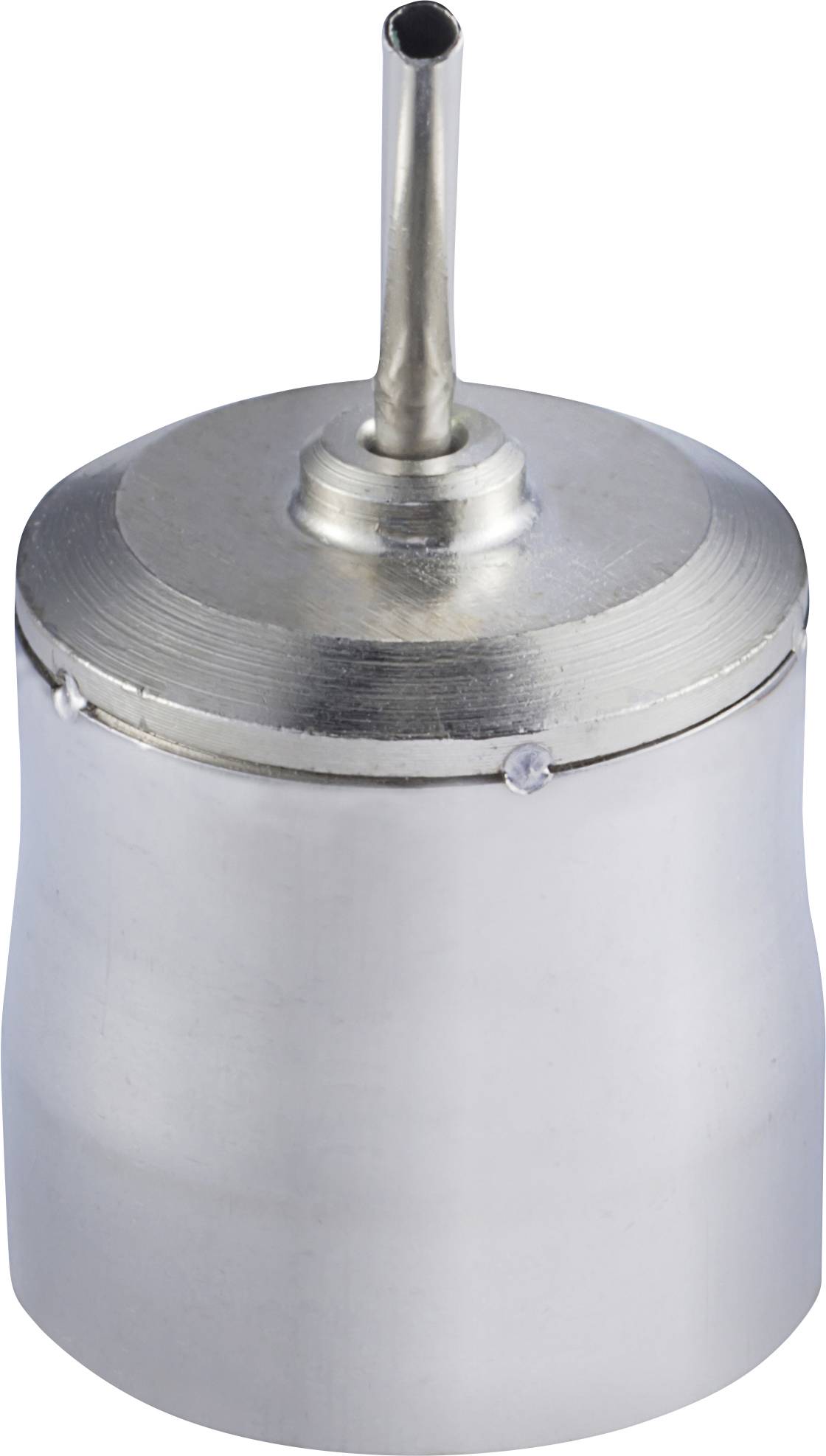 A silver metal oil can with a long, narrow spout. It stands upright and has a smooth, shiny surface.