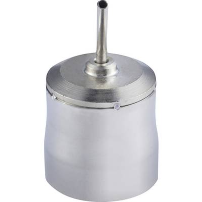 A silver metal oil can with a long, narrow spout. It stands upright and has a smooth, shiny surface.