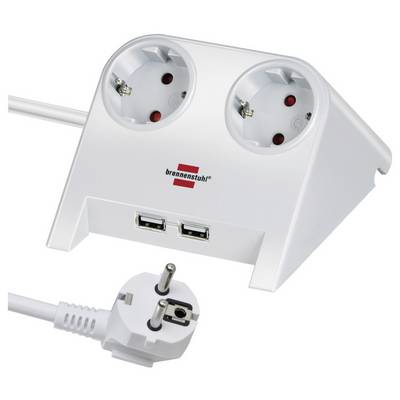 White Brennenstuhl power strip with two Schuko outlets and two USB ports, shown with attached European plug and cord.