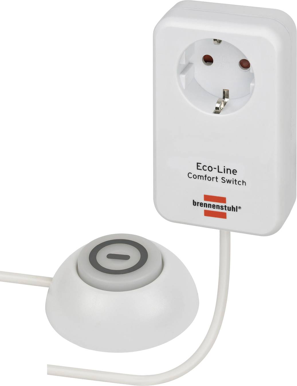 White plug-in power switch labeled 'Eco-Line Comfort Switch' with a round push button and connected cord.