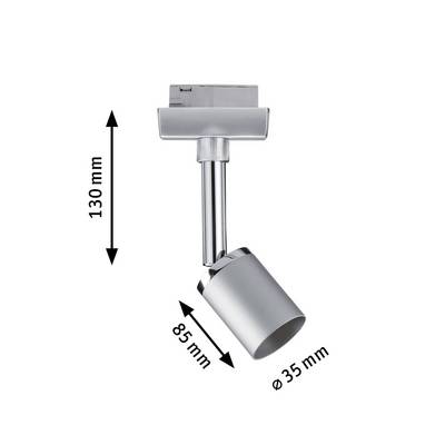 LED spotlight with silver housing. Dimensions: 130 mm height, 85 mm length, diameter 35 mm. Adjustable beam angle.