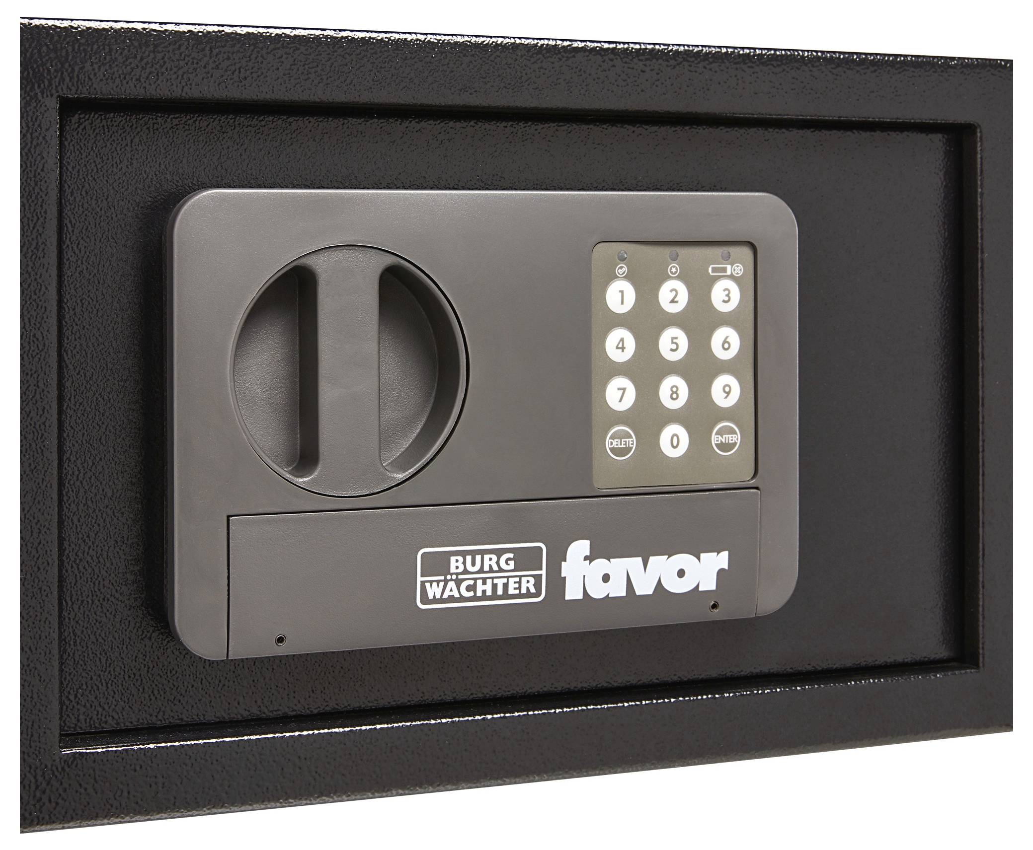 Black and white wall safe with a rotary handle and numerical keypad, brand logo positioned bottom left, mounted in a wall recess.