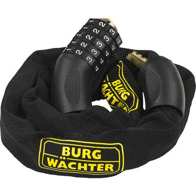 Black combination padlock with chain, brand 'Burg-Wächter', showing combination 4-3-2-3, used for securing bicycles or items.