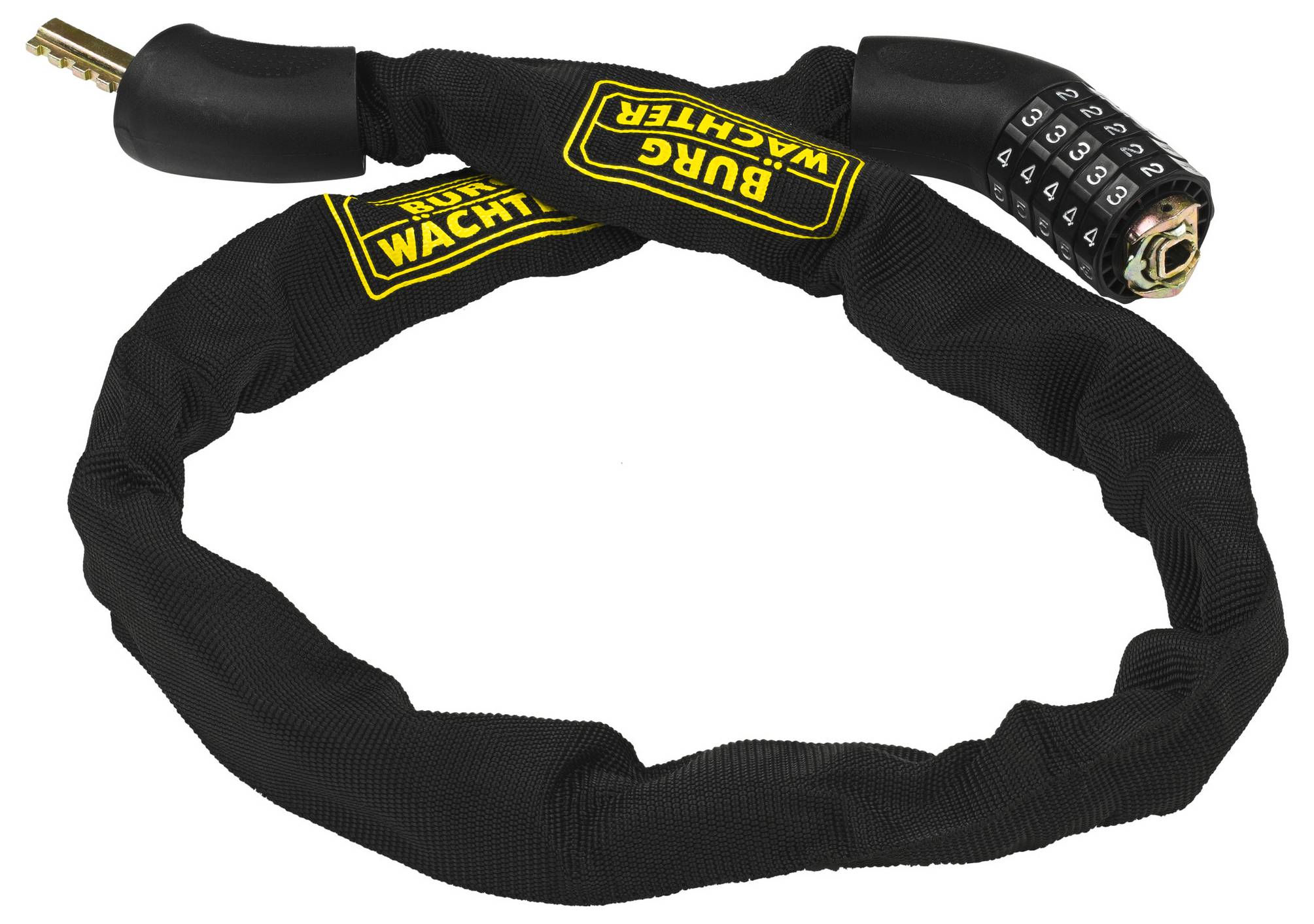 Black bicycle lock with combination lock and protective cover. Manufacturer brand 'Burg Wächter' on yellow label.