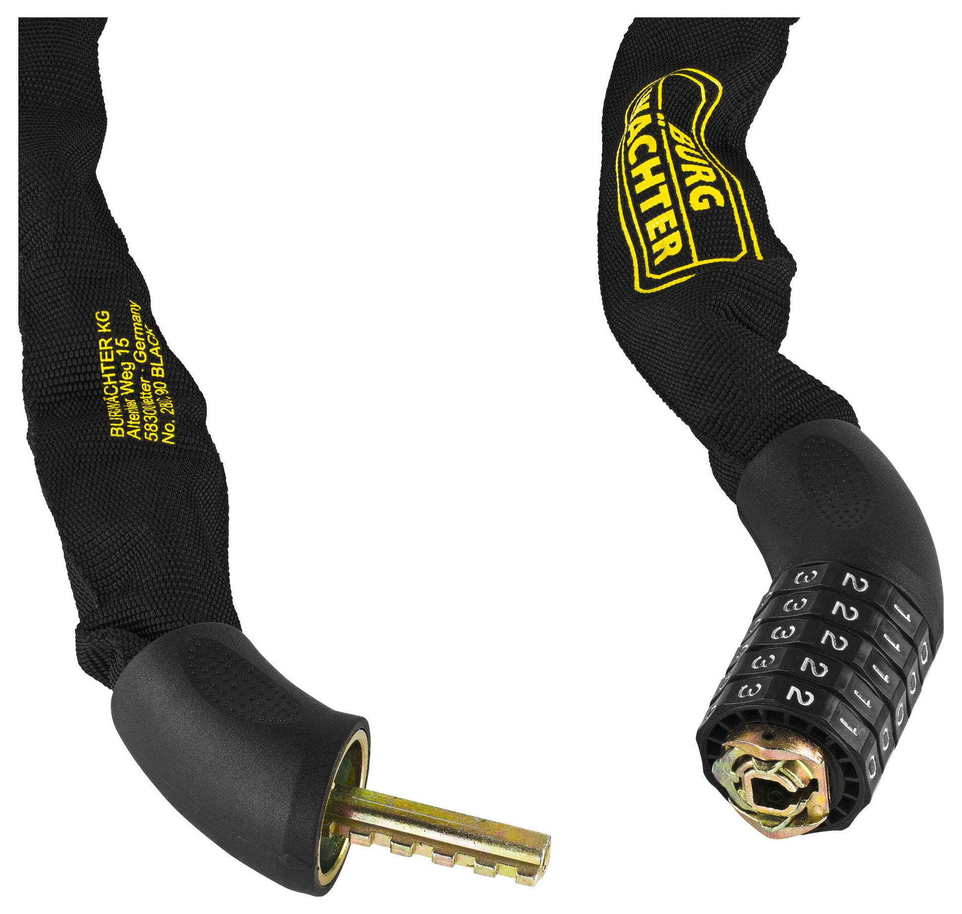 Sturdy black bicycle lock with combination and chain links. Unlocked, revealing keys and brand-specific textile ribbon.