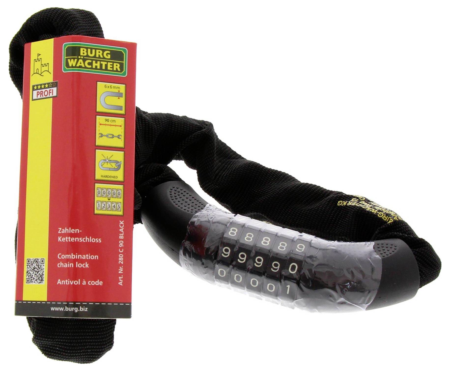 Combination chain lock with black fabric cover. Packaging displays the 'Burg Wächter' brand, model information, and instructions.