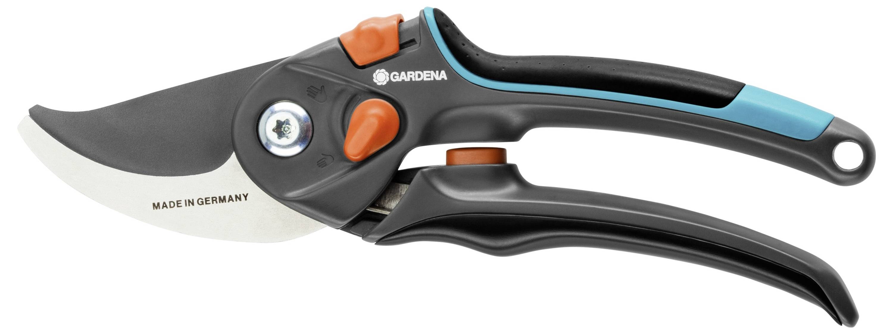 A garden secateurs with a black and blue handle, silver blade, and orange locking mechanisms. 'Made in Germany' is printed on the blade.