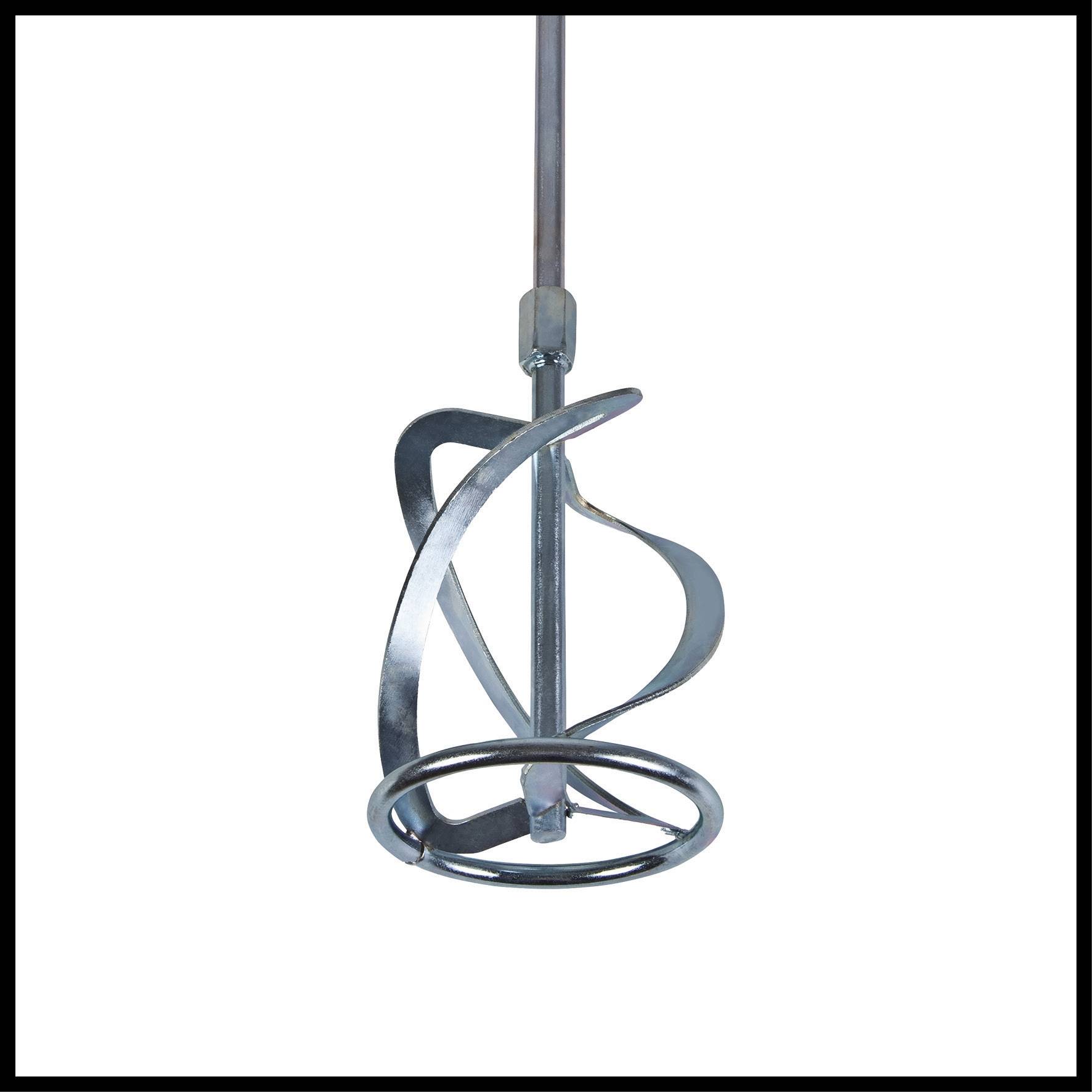A silver stirrer for a drill machine with spiral metal blades for mixing paints or building materials.