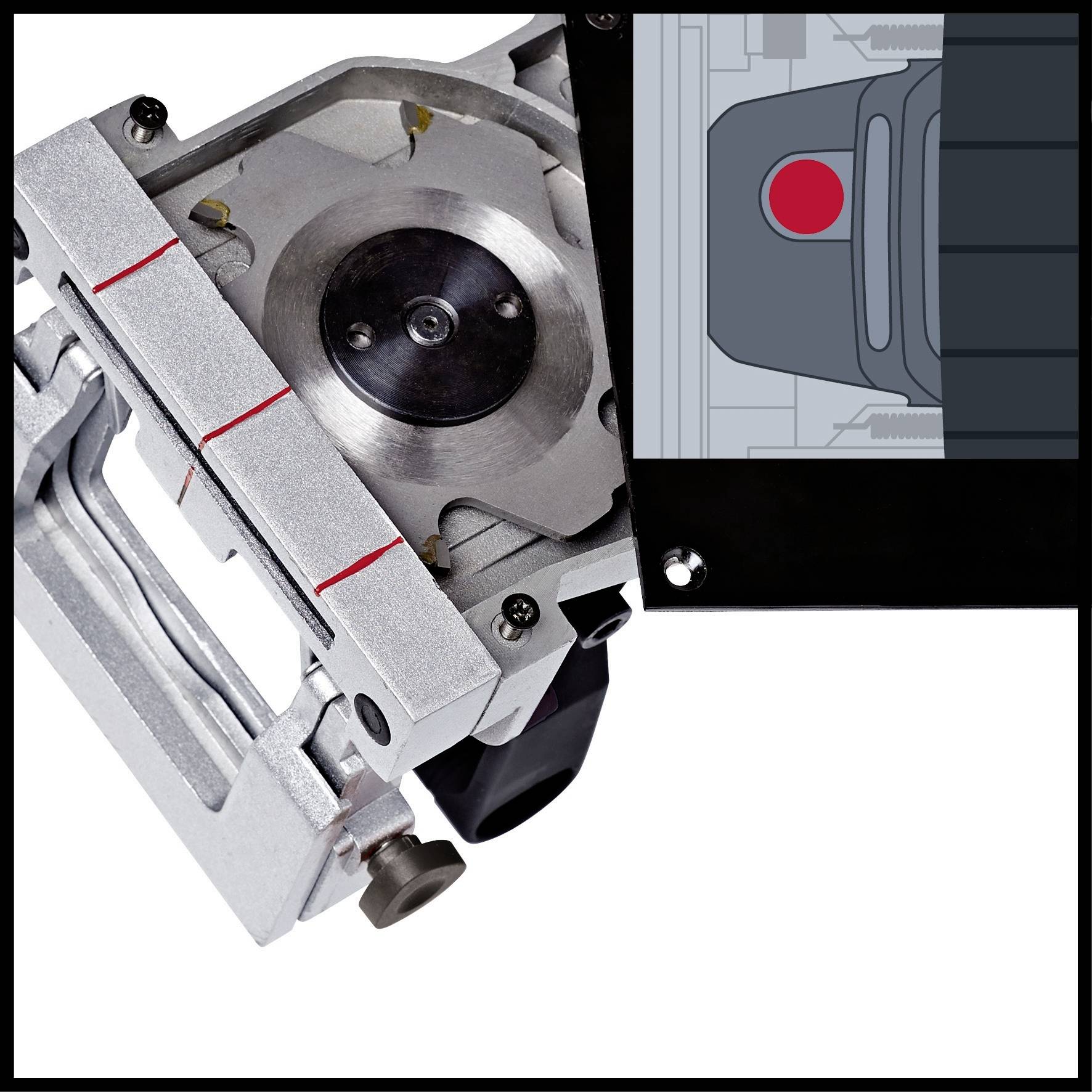 Machine component with a round metal plate and a side clamp, shown on a device with a screen.