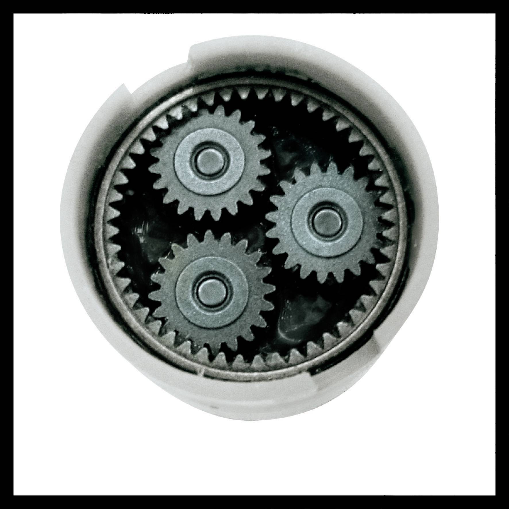 A planetary gear transmission with three small gears arranged around a central gear, within an outer ring.