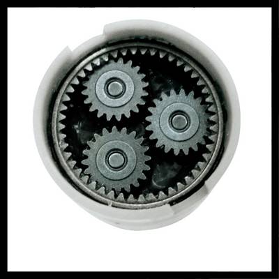 A planetary gear transmission with three small gears arranged around a central gear, within an outer ring.