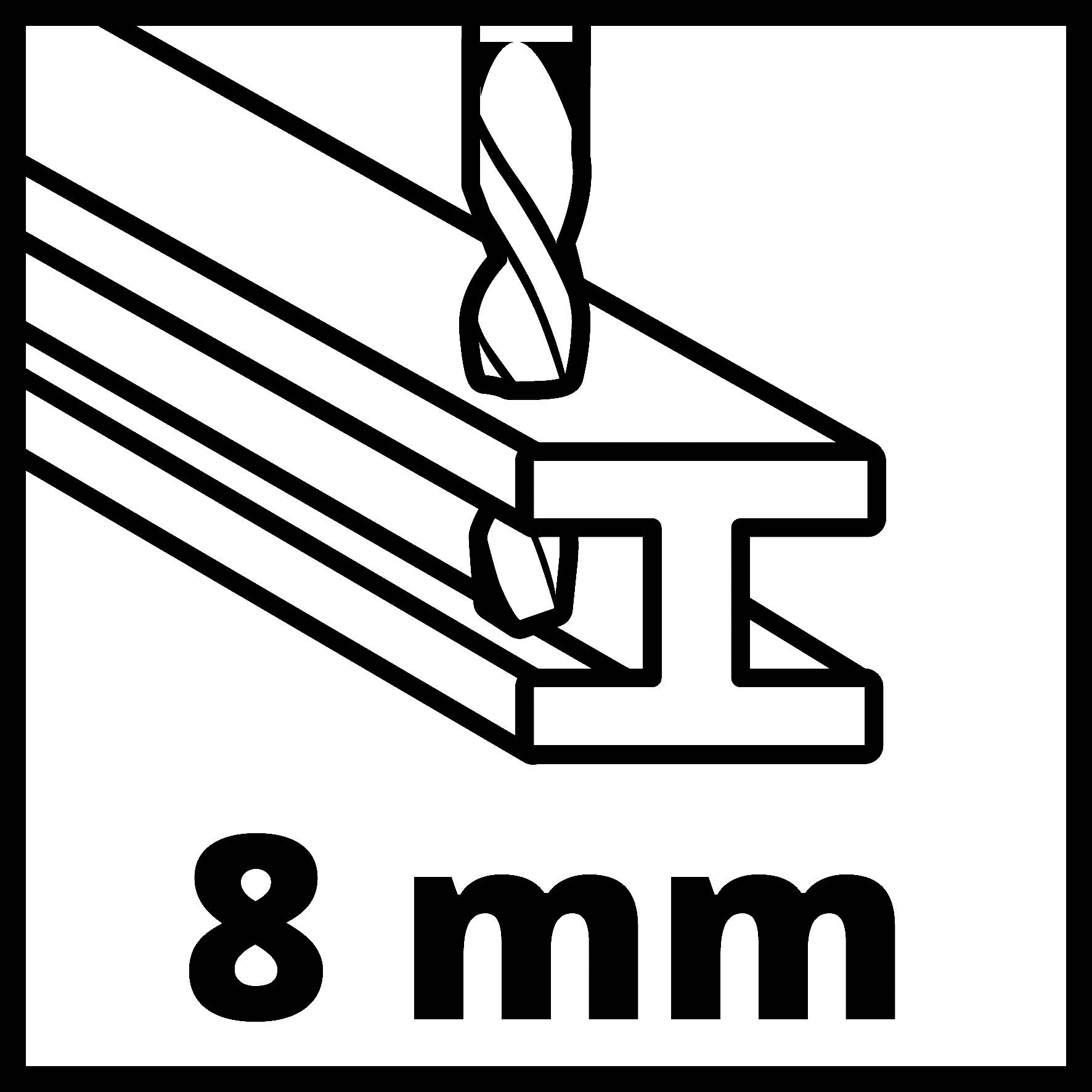 'Drawing of a double T-shaped metal profile with a partial view of an 8 mm drill bit drilling into the profile.'