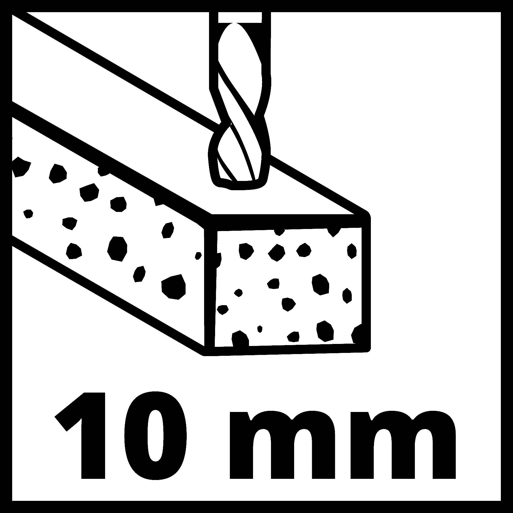 'Drill pierces rectangular material', with text '10 mm' underneath.