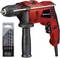 A red electric drill with a black handle and drill head, alongside a set of multiple drill bits in various sizes.