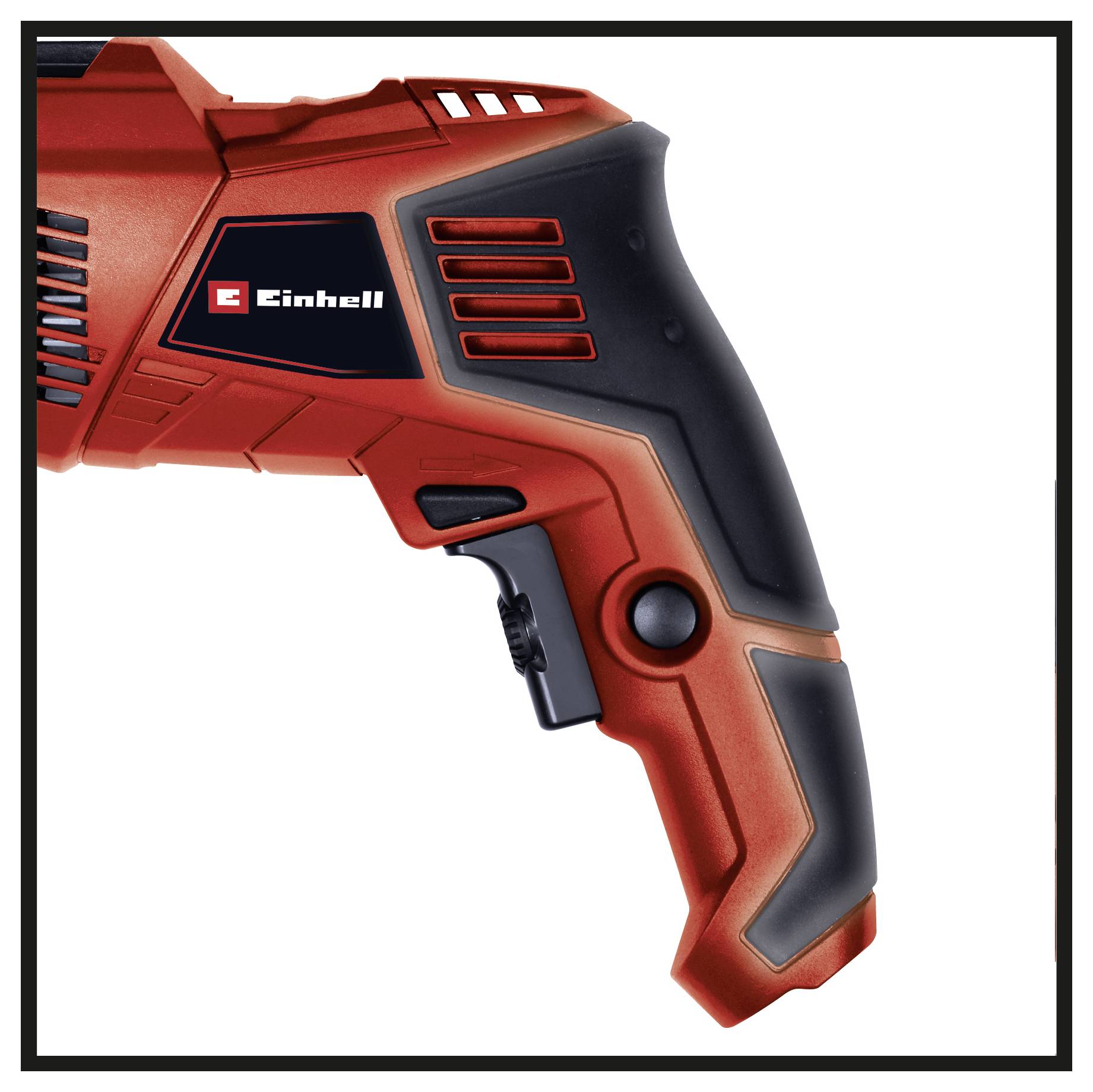 A close-up of a red cordless screwdriver with a black handle and 'Einhell' logo; showcasing an ergonomic design and non-slip grip.