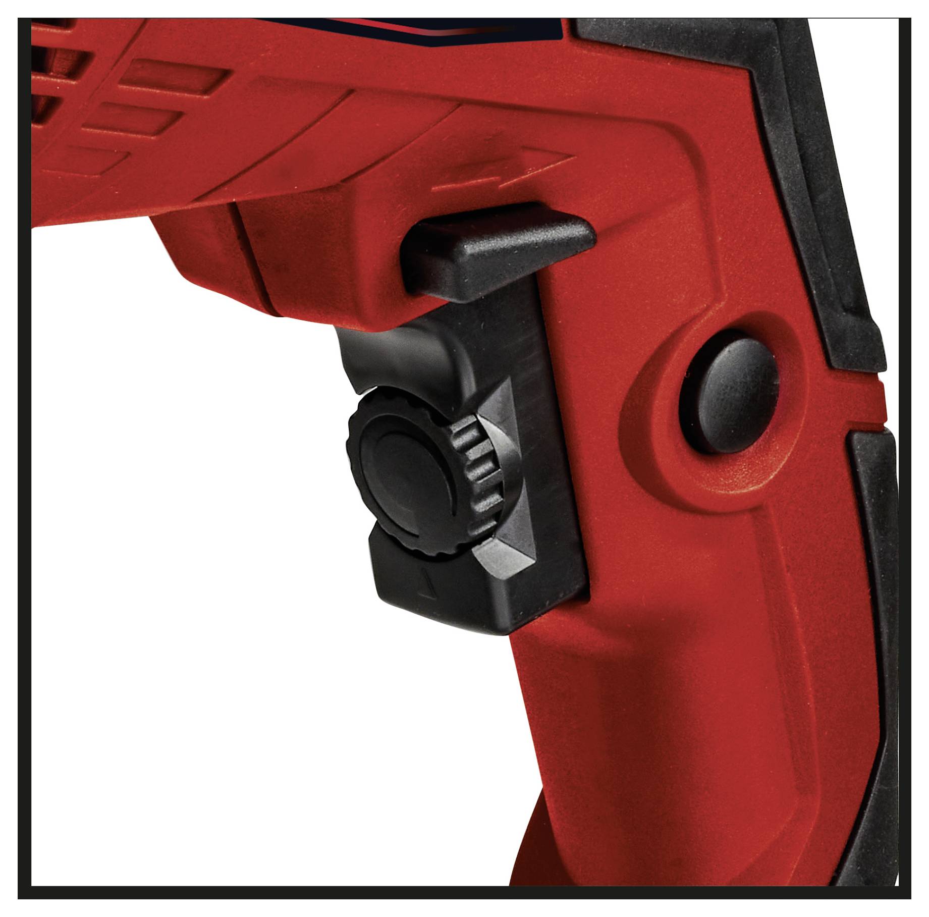 A section of a red electric power tool, possibly a drill, with a handle and an adjustment dial.