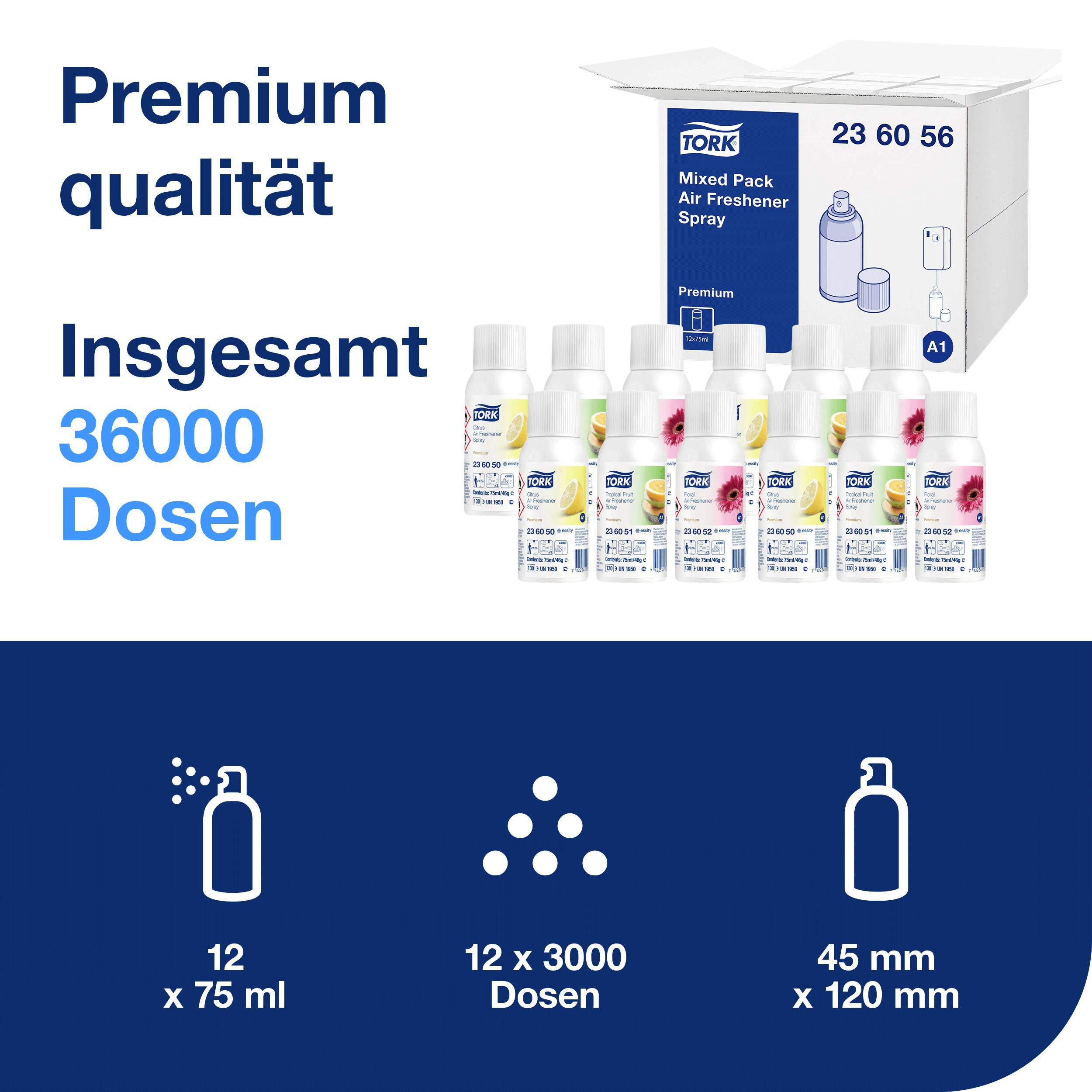 A box of air freshener sprays. Text: 'Premium Quality, Total 36,000 Doses'. Details: 12 x 75 ml, 12 x 3,000 doses.