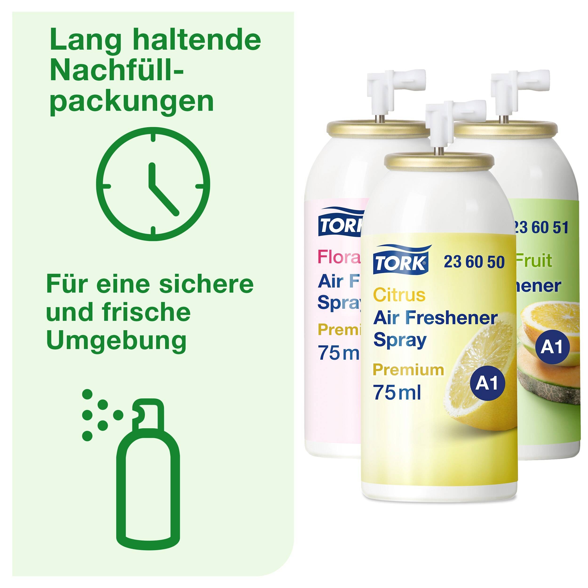 Three air freshener spray cans and text: 'Long-lasting refill packs. For a safe and fresh environment.'