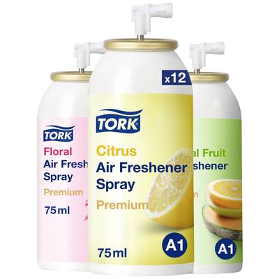 Three Tork Air Freshener Sprays: 'Floral', 'Citrus' with lemon illustration, 'Neutral Fruit' with melon illustration. Volume: 75 ml.