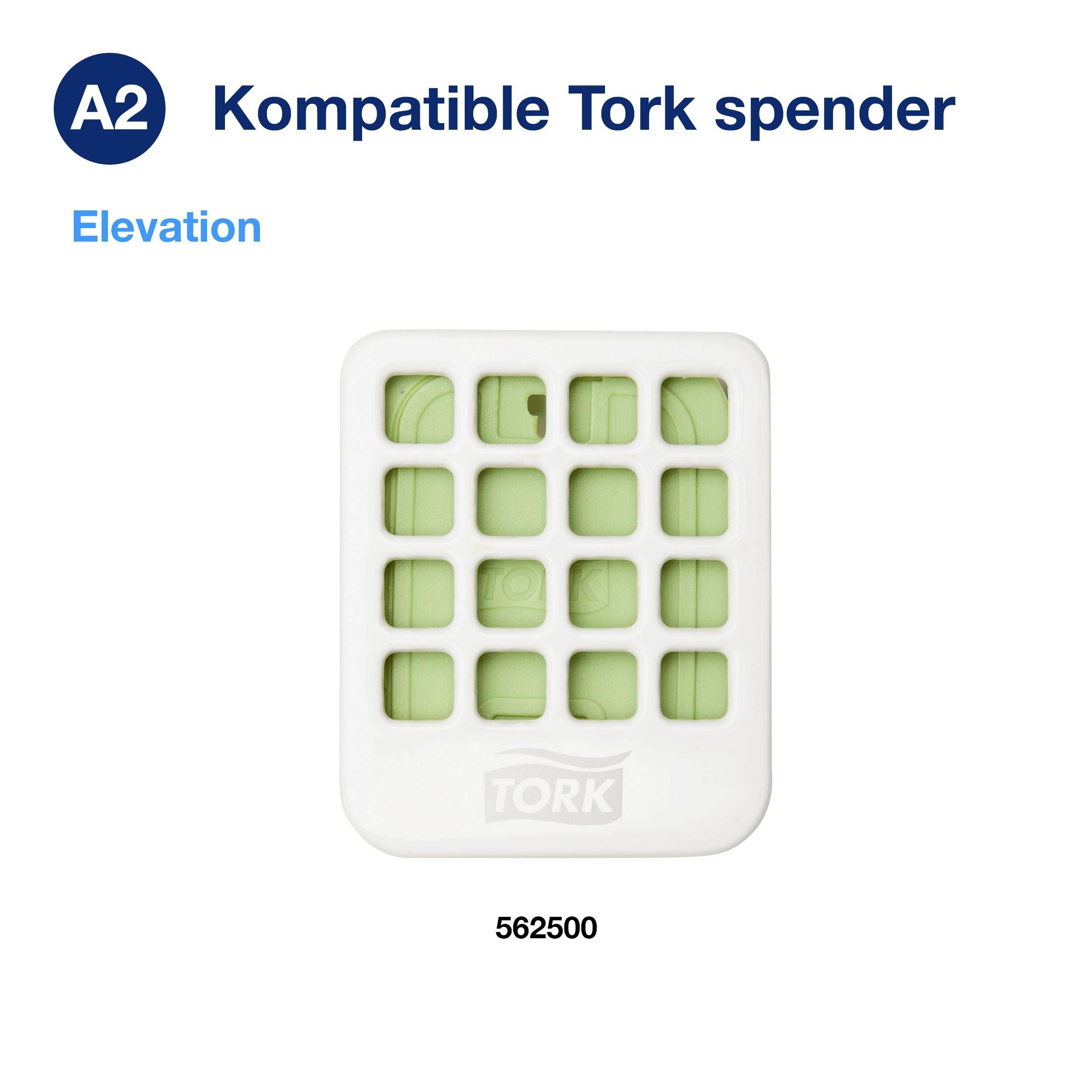 'A2 Compatible Tork Dispenser' shows a white Tork dispenser with green elements, suitable for wall mounting, model number 562500.