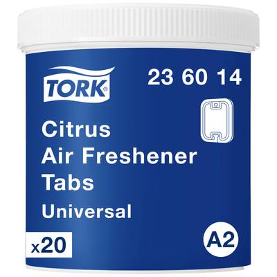 Container for Tork Citrus Air Freshener Tabs, Universal Type A2, contains 20 air freshening tabs.