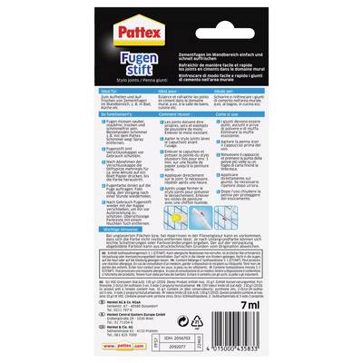 'Pattex Joint Pen' Packaging Reverse Side with Application Instructions, Areas of Use, and Safety Information in Multiple Languages.