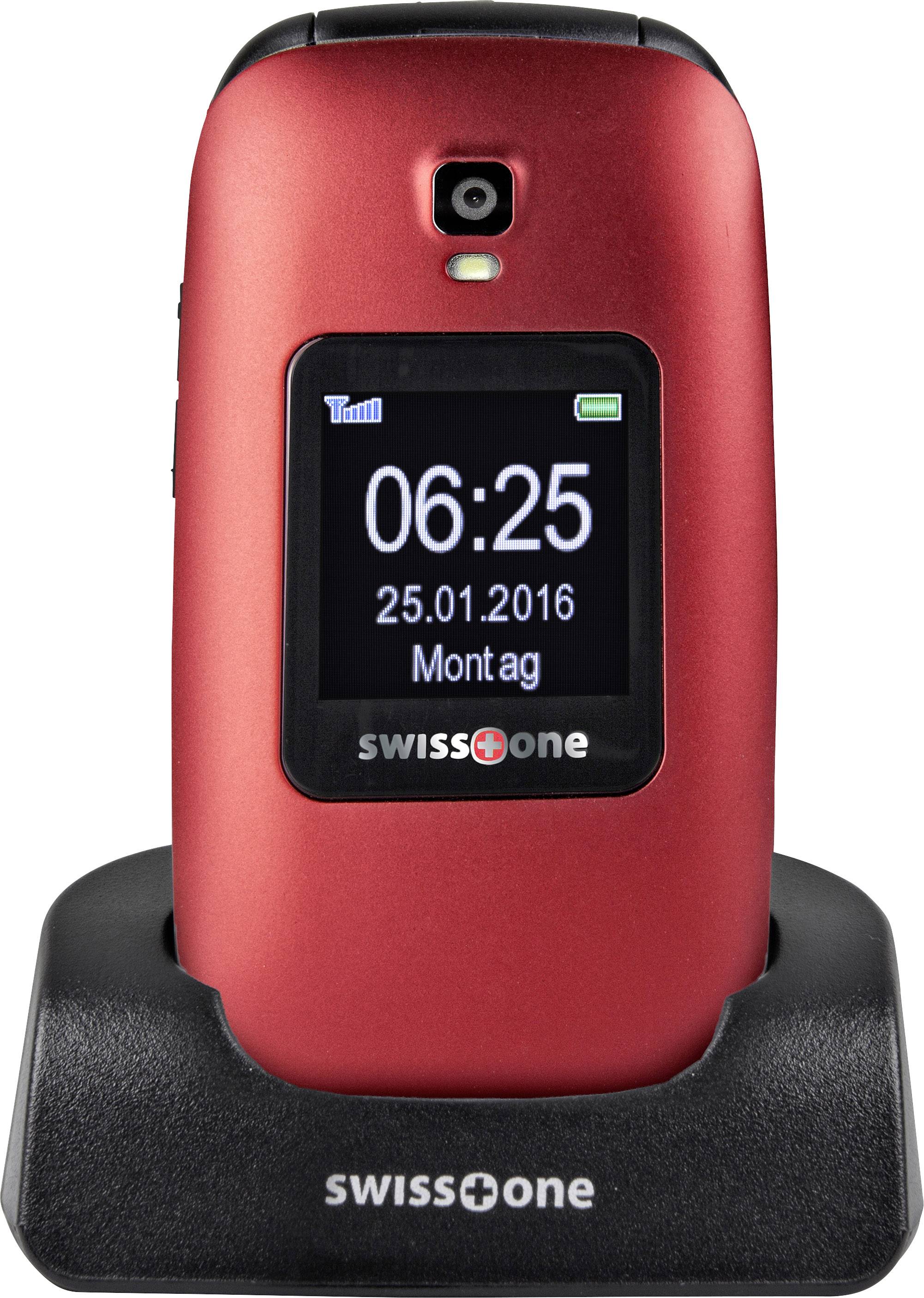 Red flip mobile phone in charging station displays screen time as 06:25, date 25.01.2016 and day of the week Monday. Brand 'swiss+one'.