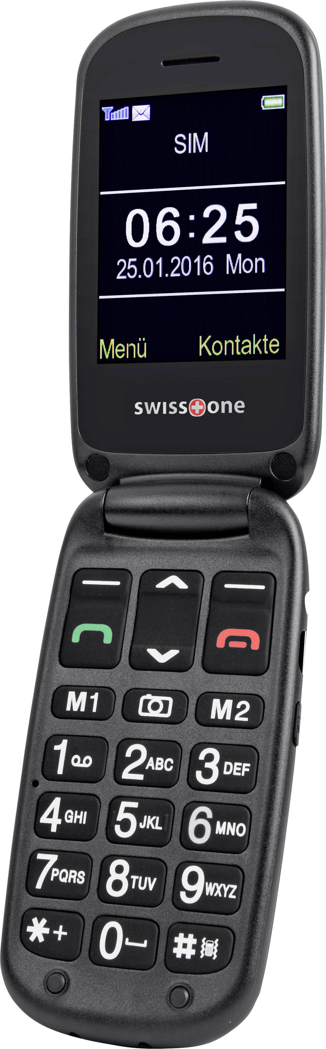 Flip mobile phone with large display and buttons. Shows time '06:25', date '25.01.2016', and options 'Menu' and 'Contacts'.