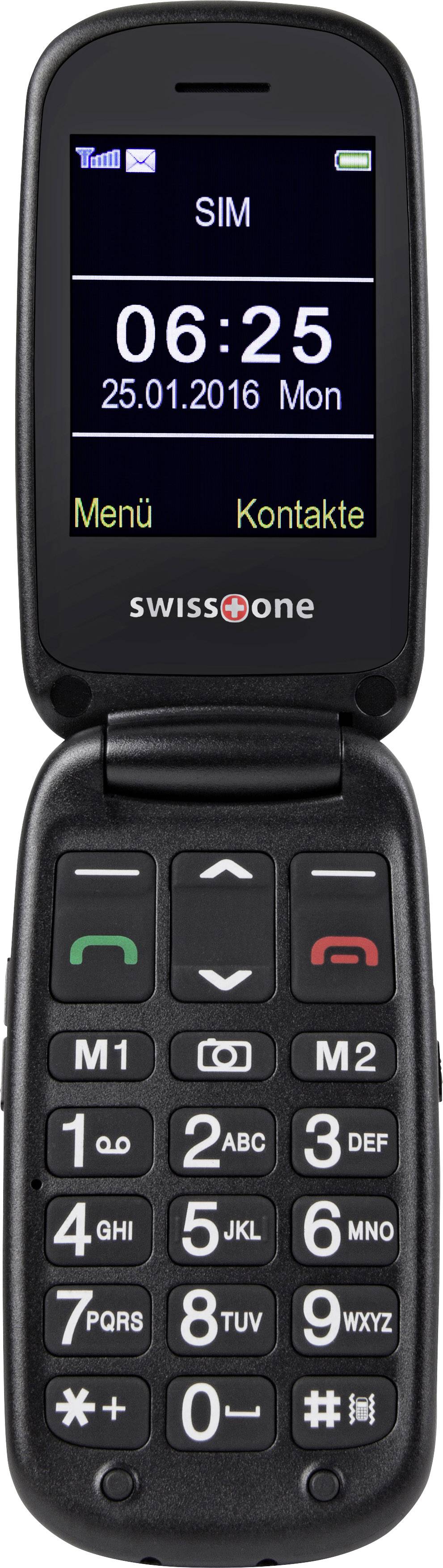 A flip mobile phone with an illuminated screen displays the time as 06:25 and the date 25.01.2016. Large buttons are visible.