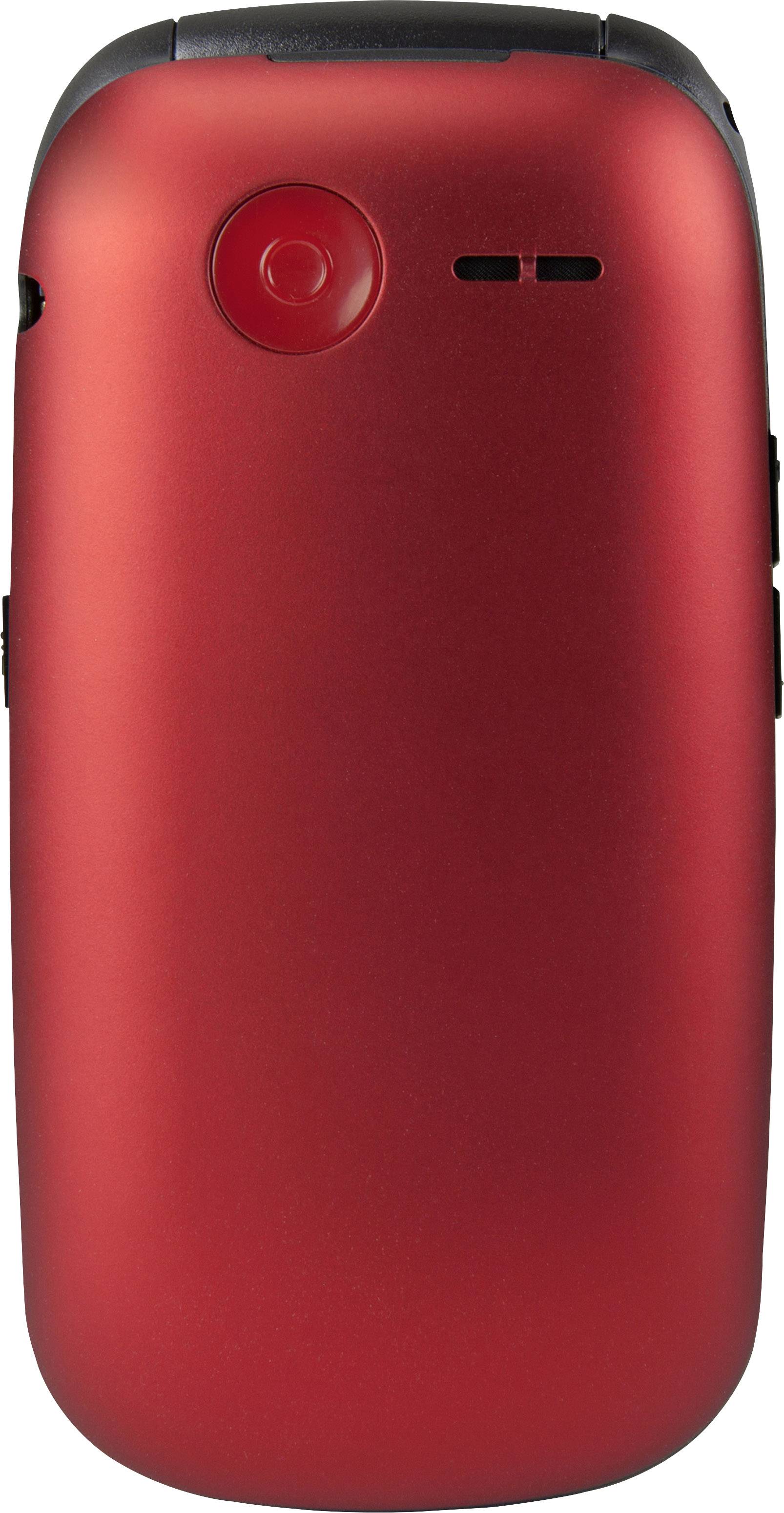 A red mobile phone with a camera on the back. A flash light is located in the upper area.