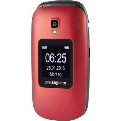 Red flip mobile phone with a display showing the time '06:25', date '25.01.2016', day of the week 'Monday' and network signal.