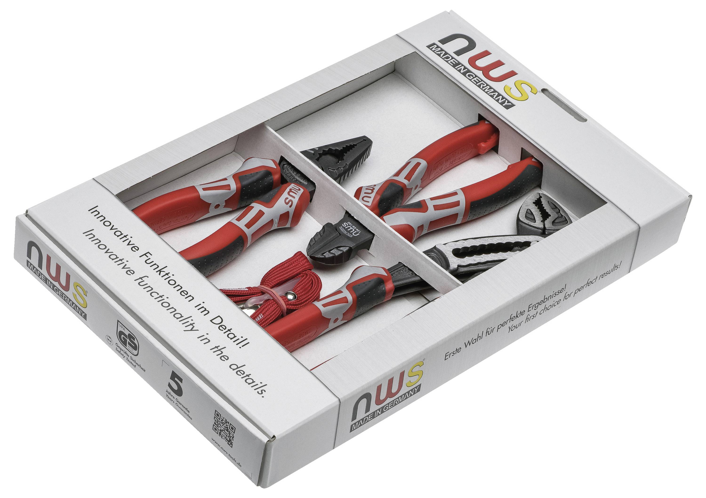 Box of NWS hand tools (pliers and cutters), with red and black rubber grips, promoting 'Innovative Functionality in Detail'.
