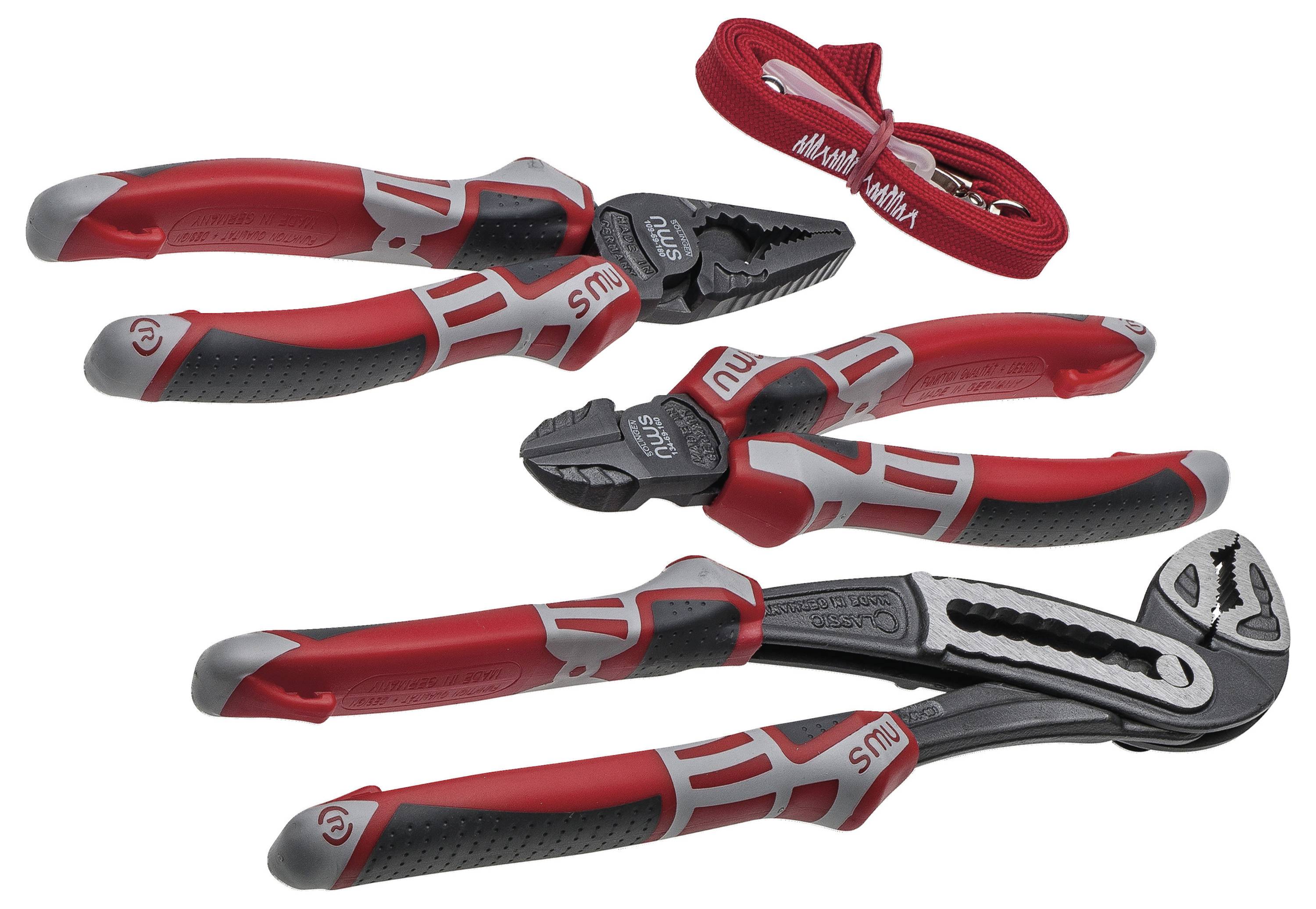 A set of three red and black hand tools, including pliers, side cutters, and an adjustable wrench, displayed with a red strap.