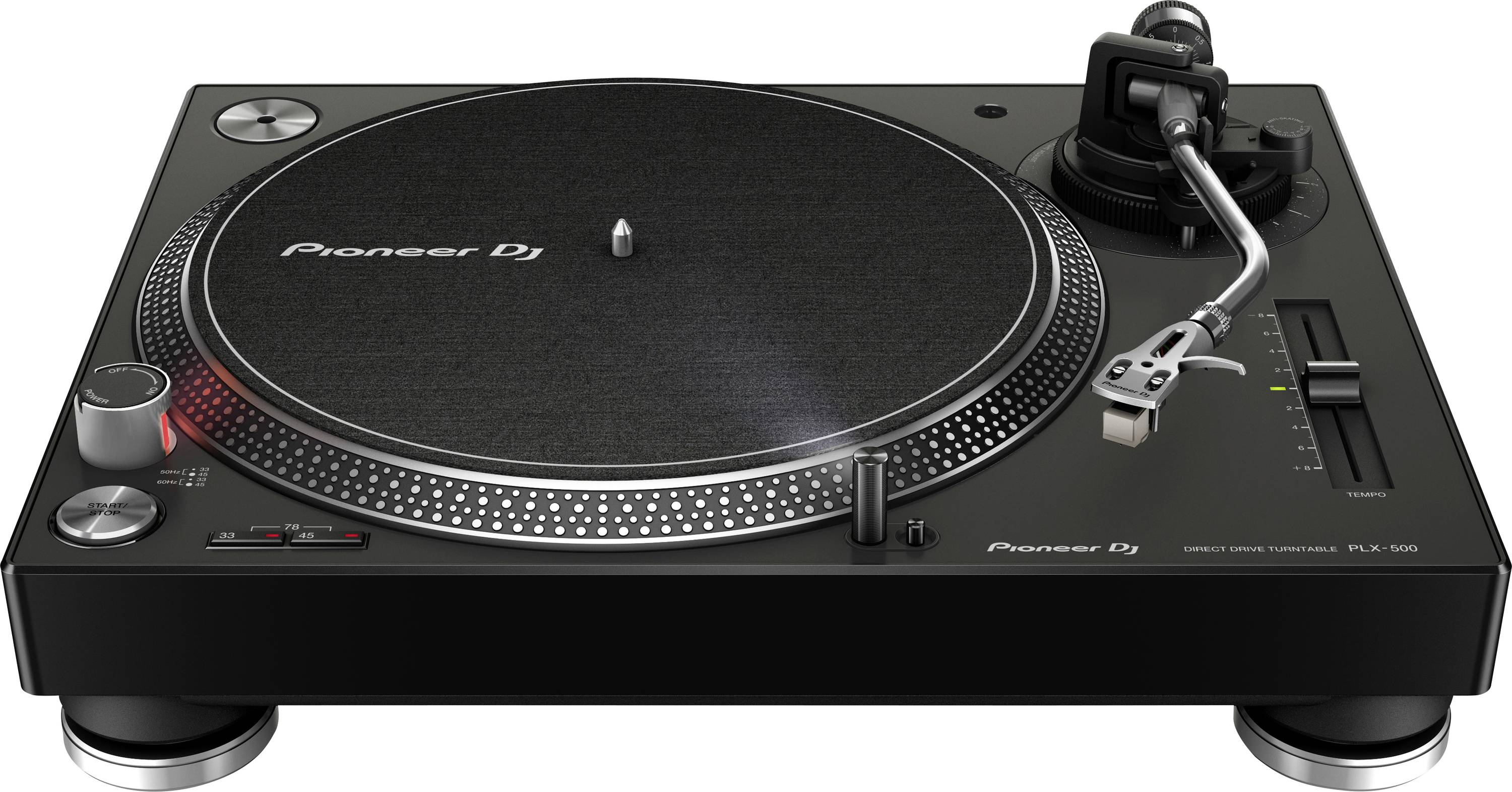 Black Pioneer DJ turntable with platter, tonearm, pitch slider, and red-lit start/stop controls on a white background.