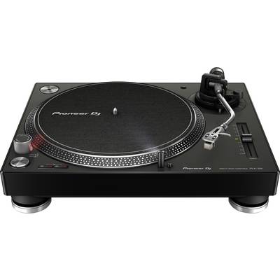 Black Pioneer DJ turntable with platter, tonearm, pitch slider, and red-lit start/stop controls on a white background.