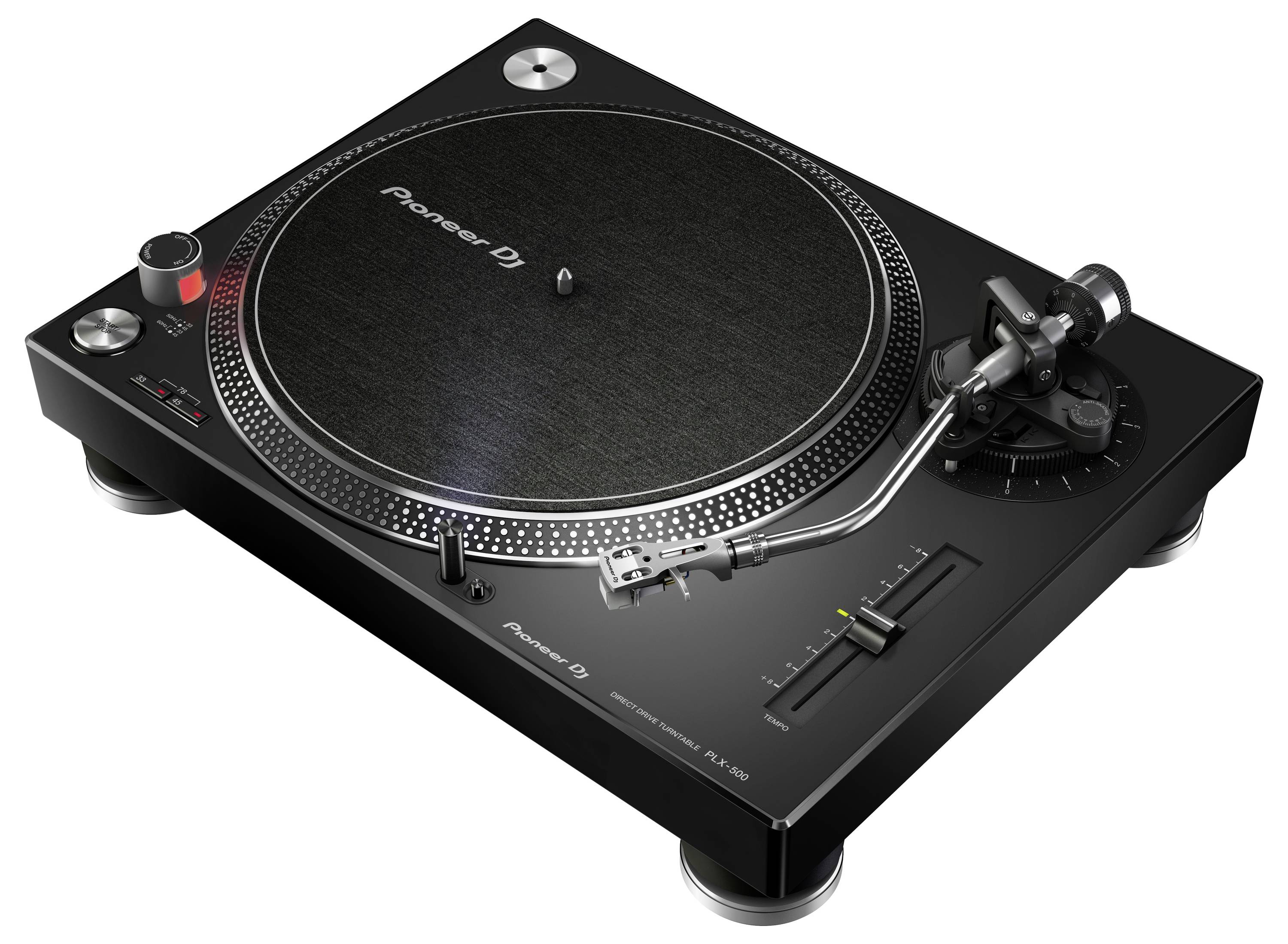 Black Pioneer DJ turntable with platter, tonearm, start/stop and pitch controls, shown on a white background.<br>