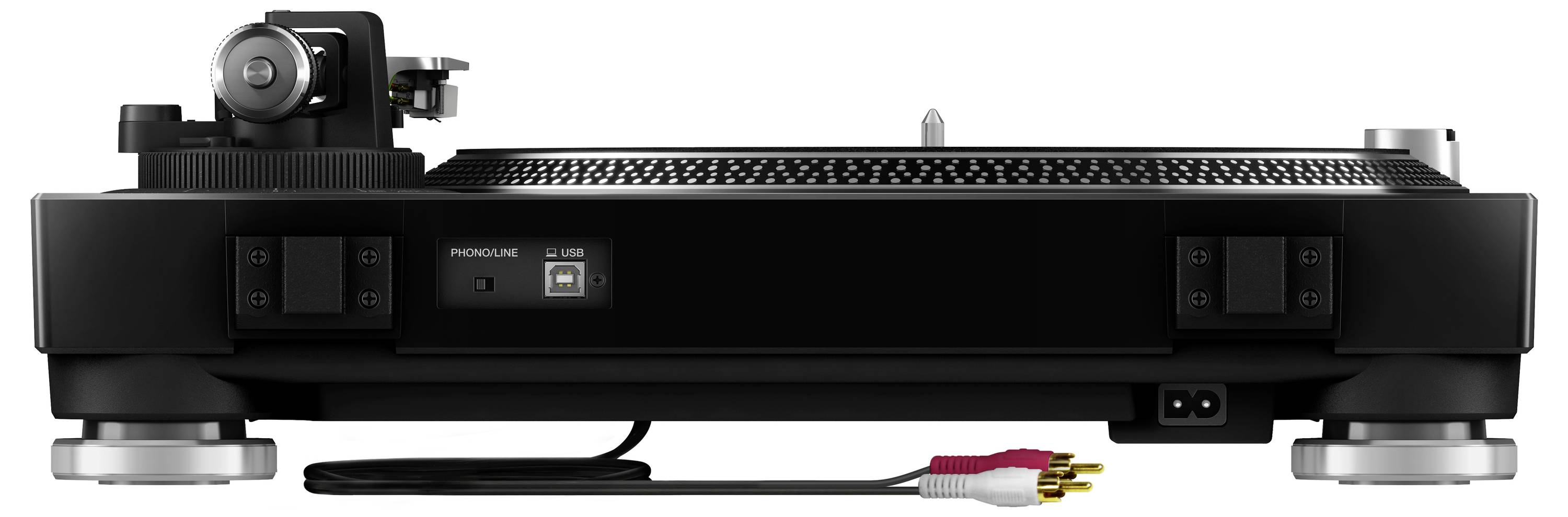Black rectangular audio turntable shown front-on, with tonearm and RCA cables visible beneath on a white background.